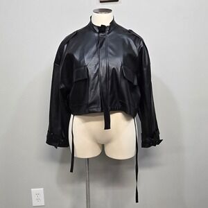 RUVE Cropped Faux Leather Moto Jacket One Size Black Oversized Baggy Streetwear